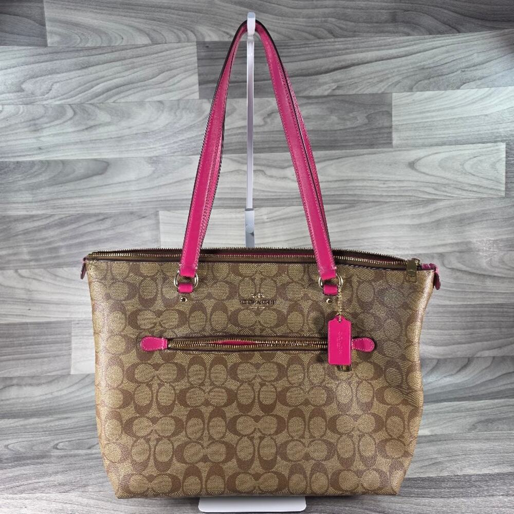 Coach Gallery Tote Bag Signature Canvas Brown Pink Trim Zip Shoulder Bag 79609